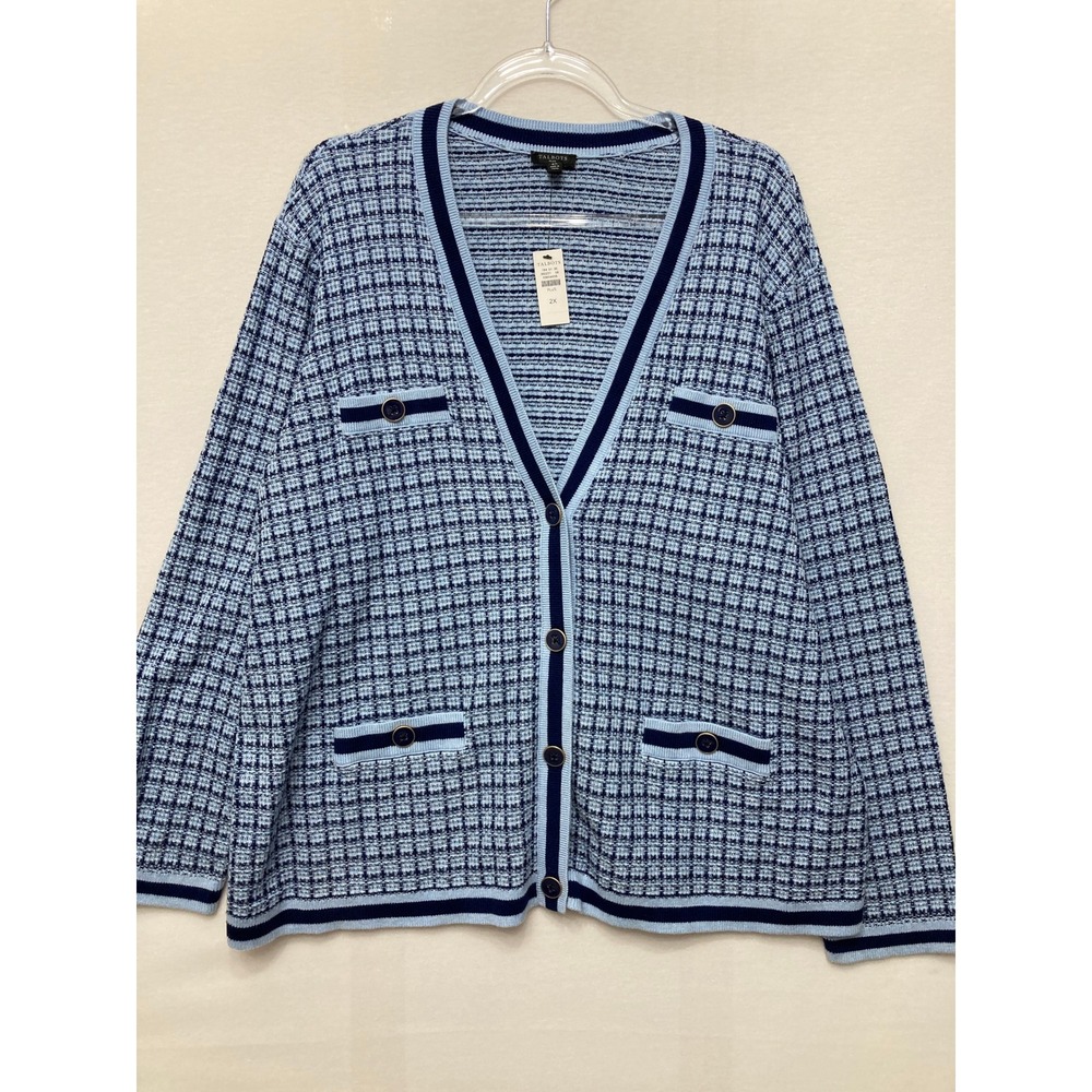 NEW Talbots Cardigan Sweater 2X Blue Plaid Tweed Knit Preppy V-Neck Button Front